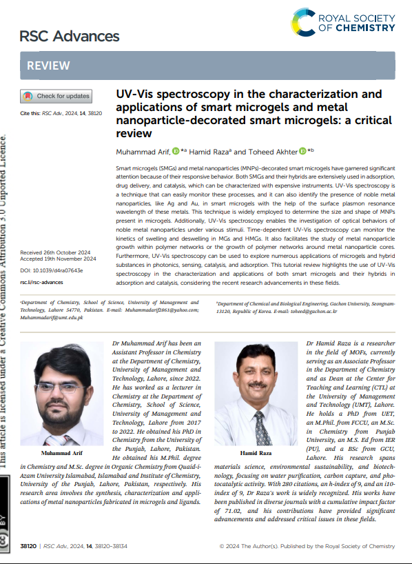 Scientific Applications UV-Vis spectroscopy in the characterization and applications of smart microgels and metal nanoparticle-decorated smart microgels: a critical review