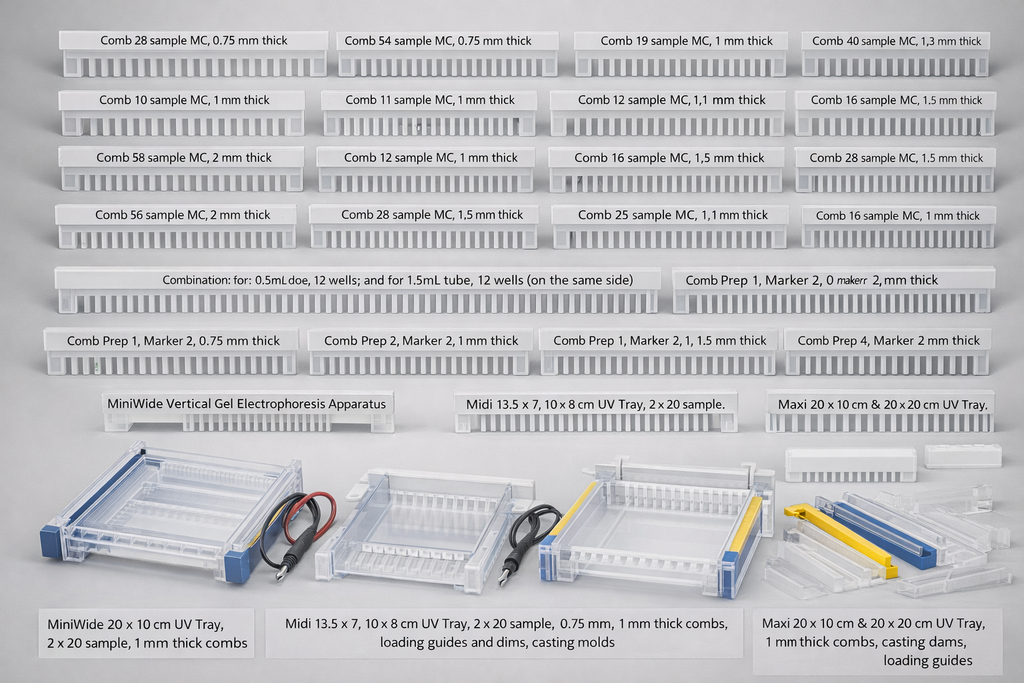 Complete Mini Vertical Gel Electrophoresis Apparatus Mini 10x10 cm Dual, 2 sets of Glass plates with 1 mm thick bonded spacers, 2 x 12 sample, 1 mm thick combs, cooling pack, d µmmy plate and casting base