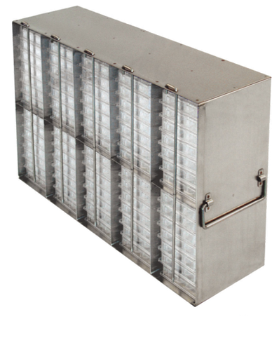 [FR-A-MRP-711L] stainless steel freezer rack for 96 well or 384 well microtiter plates locking rod to secure plates holds 112 with lids or 140 without 