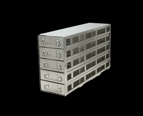 [FR-DRW100-45-20] stainless steel laboratory freezer drawer rack for 100 place 2 inch plastic hinged lid cryo boxes 