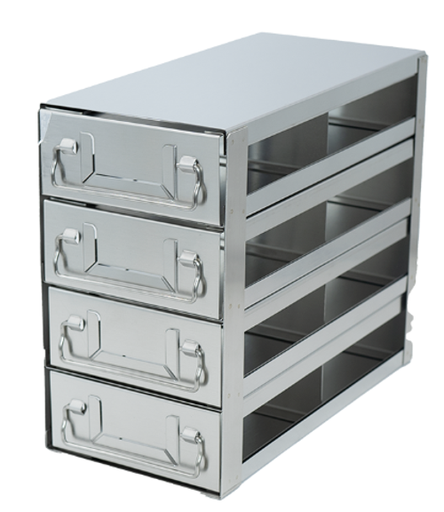 [FR-DRW-2-8] stainless steel laboratory drawer rack for 2 inch cryo boxes 8 boxes two deep by four high 